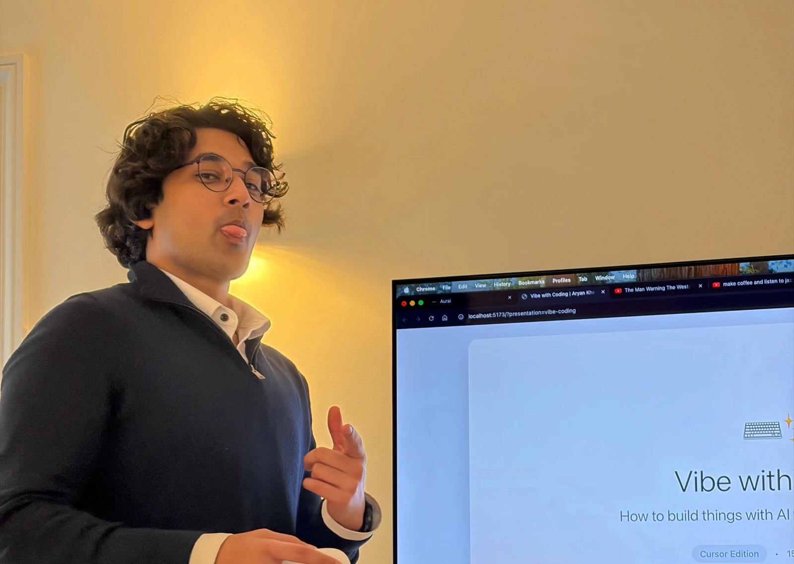 Aryan presenting a talk on vibe coding